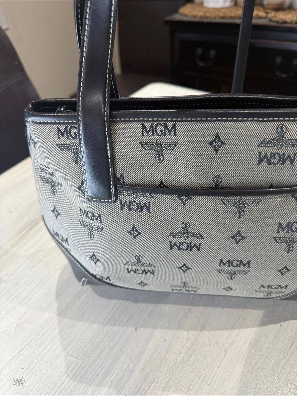 MGM Beige Canvas and Black Leather Messenger Tote